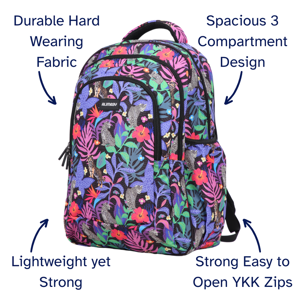 Colorful backpack with floral and animal pattern on a white background, featuring text highlighting features.