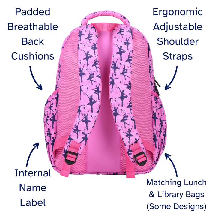 Pink backpack with ballerina design, labeled features on a white background
