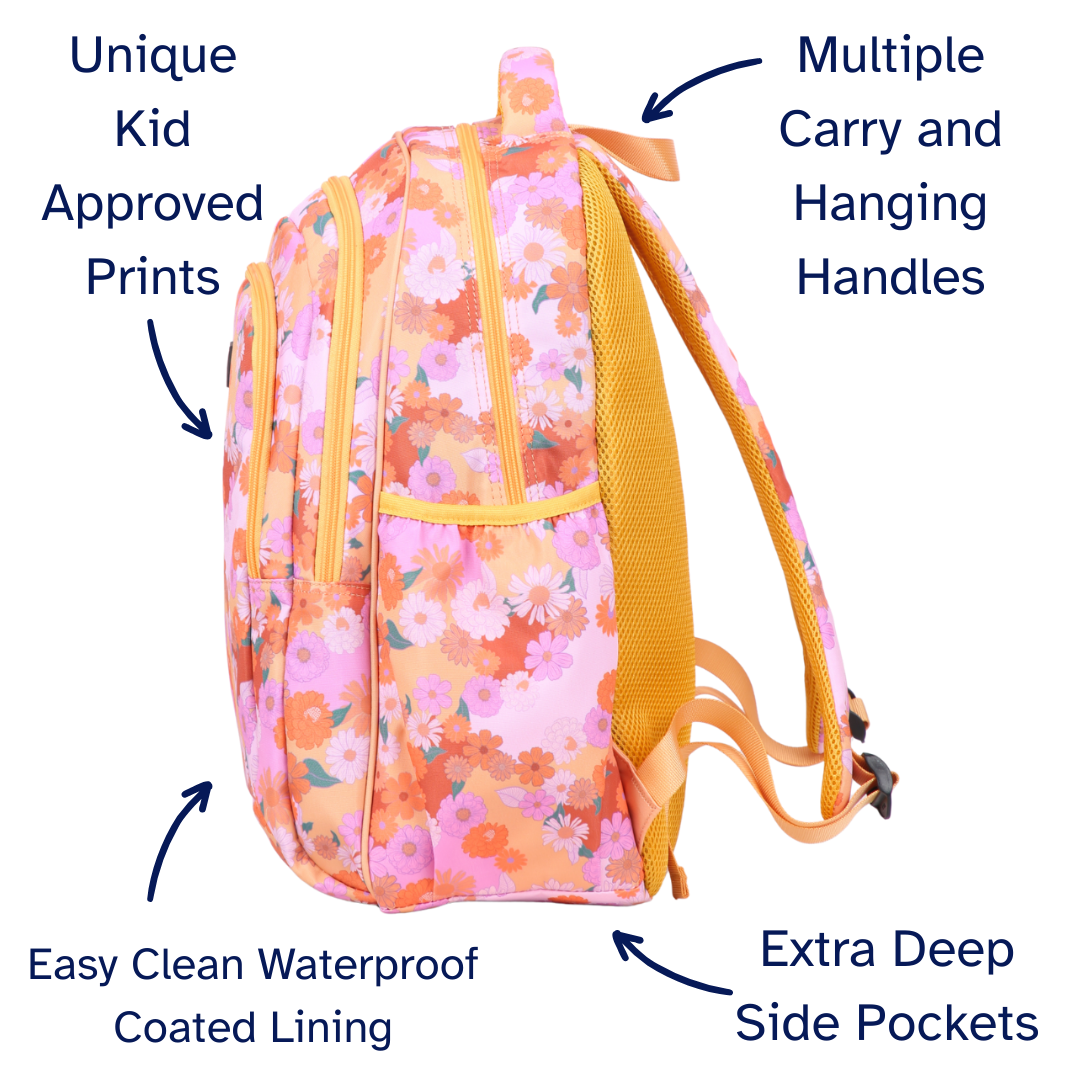 Floral backpack with features highlighted on a white background