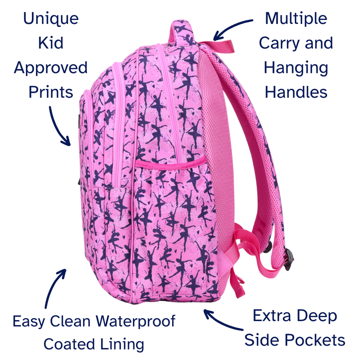 Pink backpack with ballet dancer design, labeled features on a white background