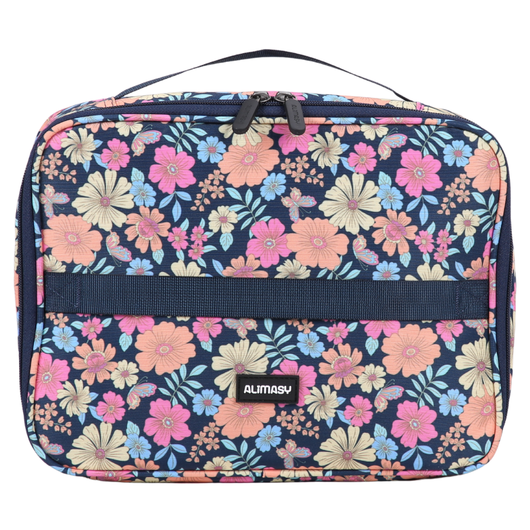 Navy blue floral insulated lunch bag with navy blue handles