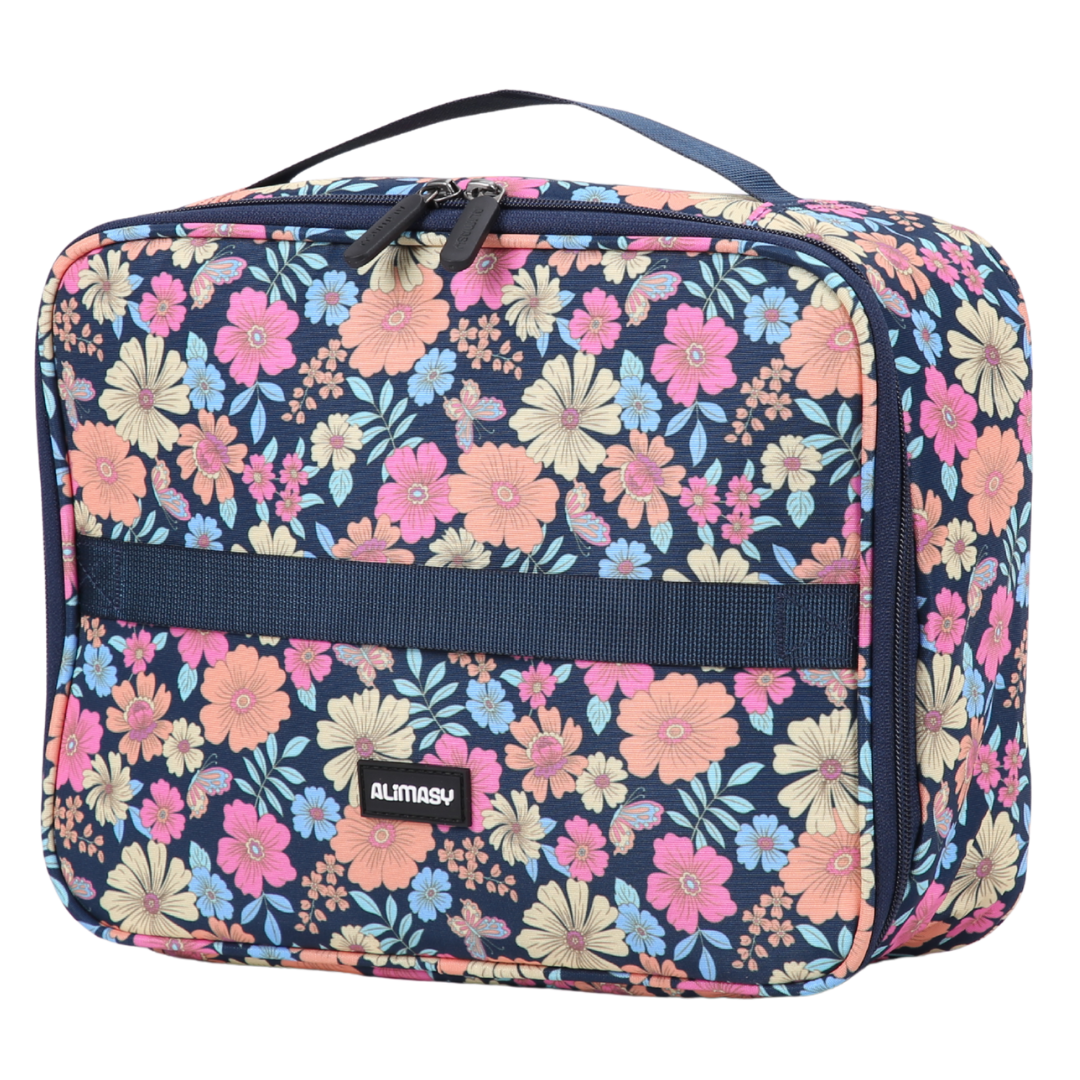 Floral navy blue patterned lunch bag with a visible Alimasy brand logo on a white background