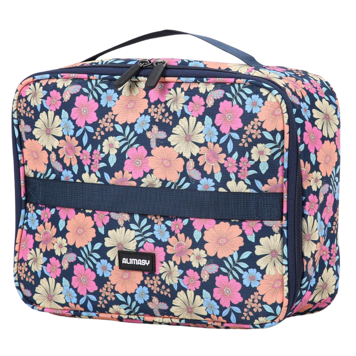 Floral navy blue patterned lunch bag with a visible Alimasy brand logo on a white background