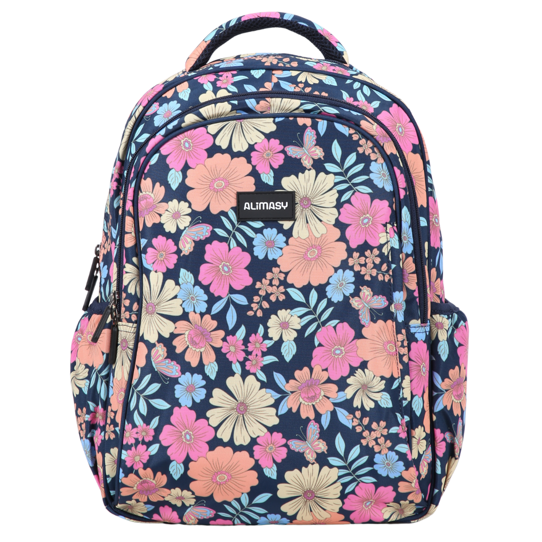 Floral-patterned navy kids backpack with colorful flowers on a navy background, featuring the brand 'ALIMASy'.