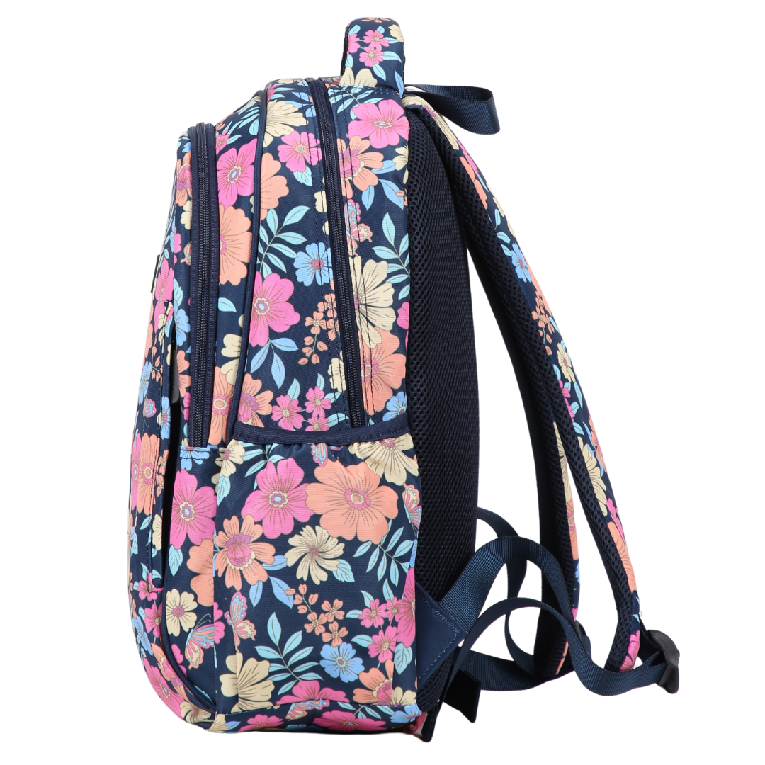 Floral patterned backpack on a white background