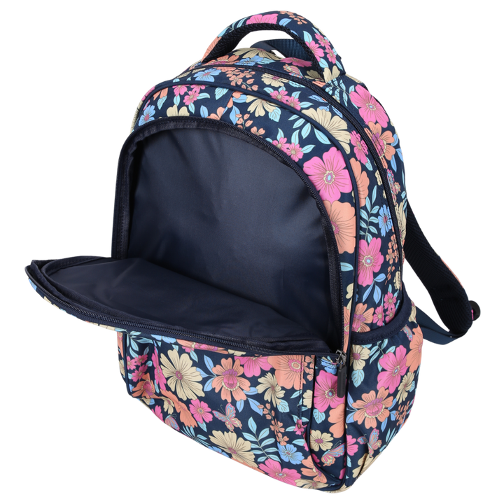 Floral-patterned backpack inside view of waterproof coated lining on a white background
