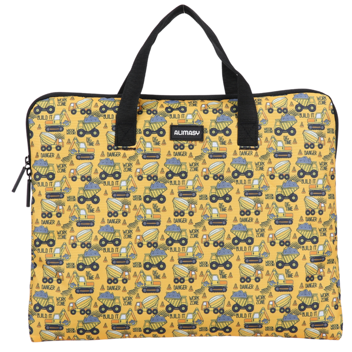 Yellow library book bag with construction vehicle pattern and black handle on a white background
