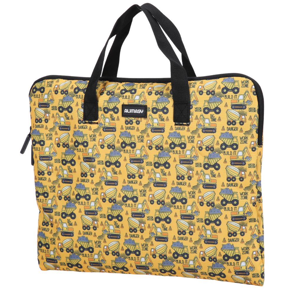 Yellow library book bag with construction vehicle pattern and Alimasy branding on a white background