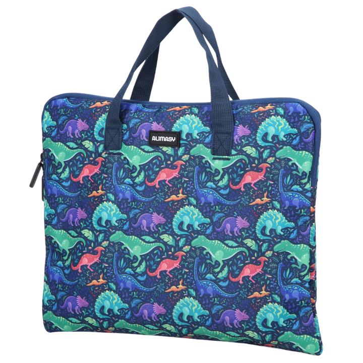 Colorful dinosaur-patterned library book bag with a visible alimasy brand label on a white background