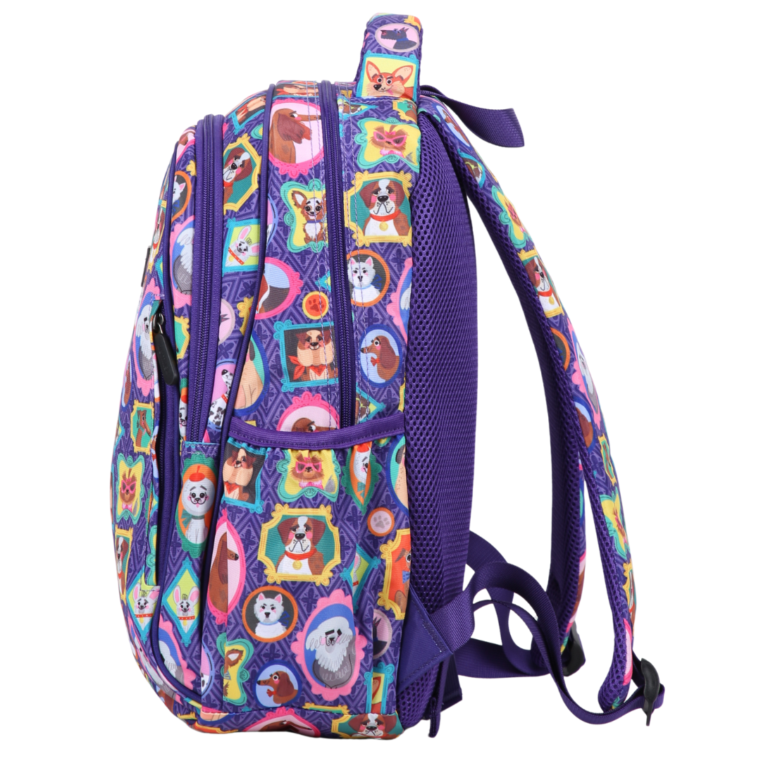Purple Backpack with colorful dog pattern on a white background