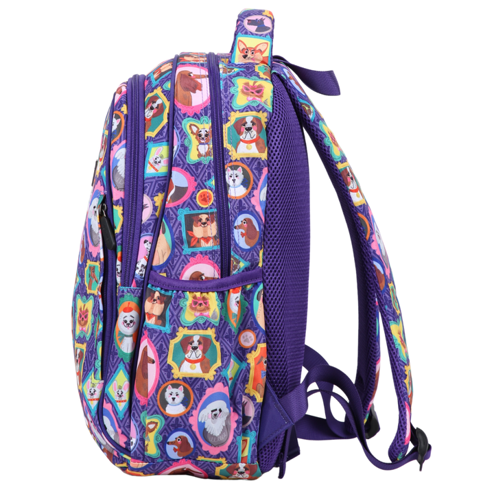 Purple Backpack with colorful dog pattern on a white background