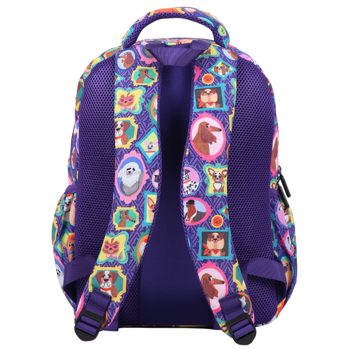 Purple backpack rear view with padded shoulder straps and multiple carry handles 