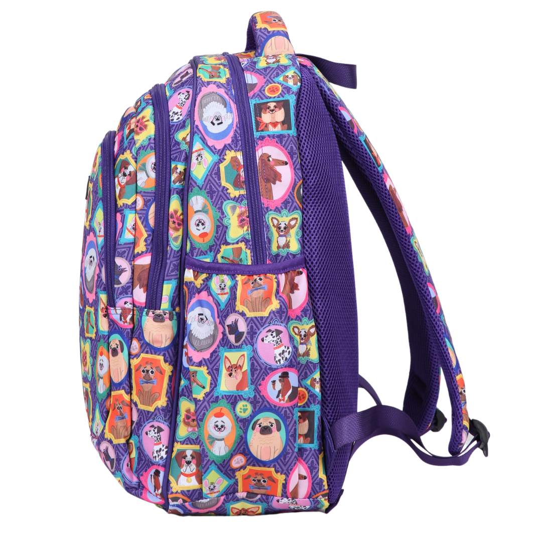 Side view of Dog Portraits Large School Backpack Deep side pockets and multiple carry handles