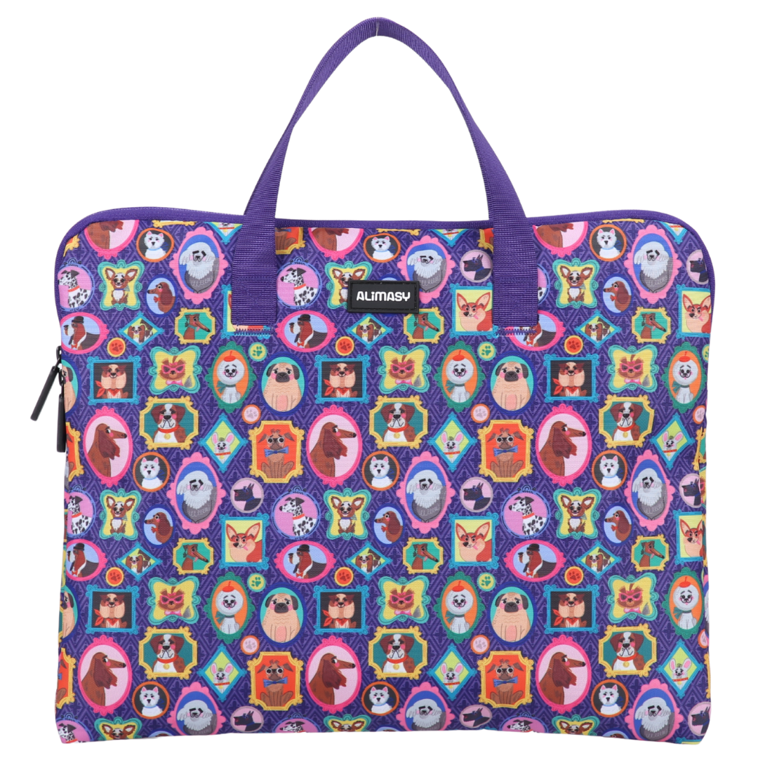 Colorful library book bag with cartoon  dog character pattern on a white background