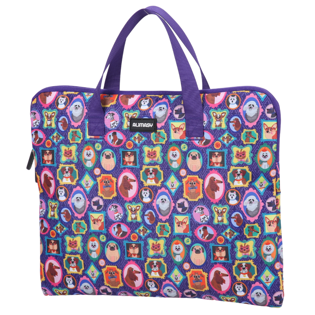 Colorful purple library book bag with animal pattern on a white background