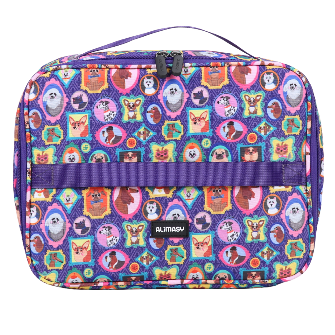 Colorful patterned lunchbag with cartoon character faces on a purple background, featuring the brand 'ALIMASV'.