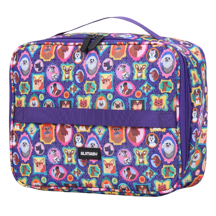 Colouful purple lunch bag with dog pattern and Alimasy logo on a white background
