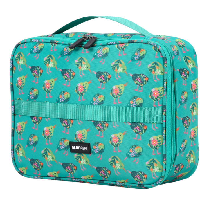 Green kiwi bird patterned insulated lunch bag with green carry handles