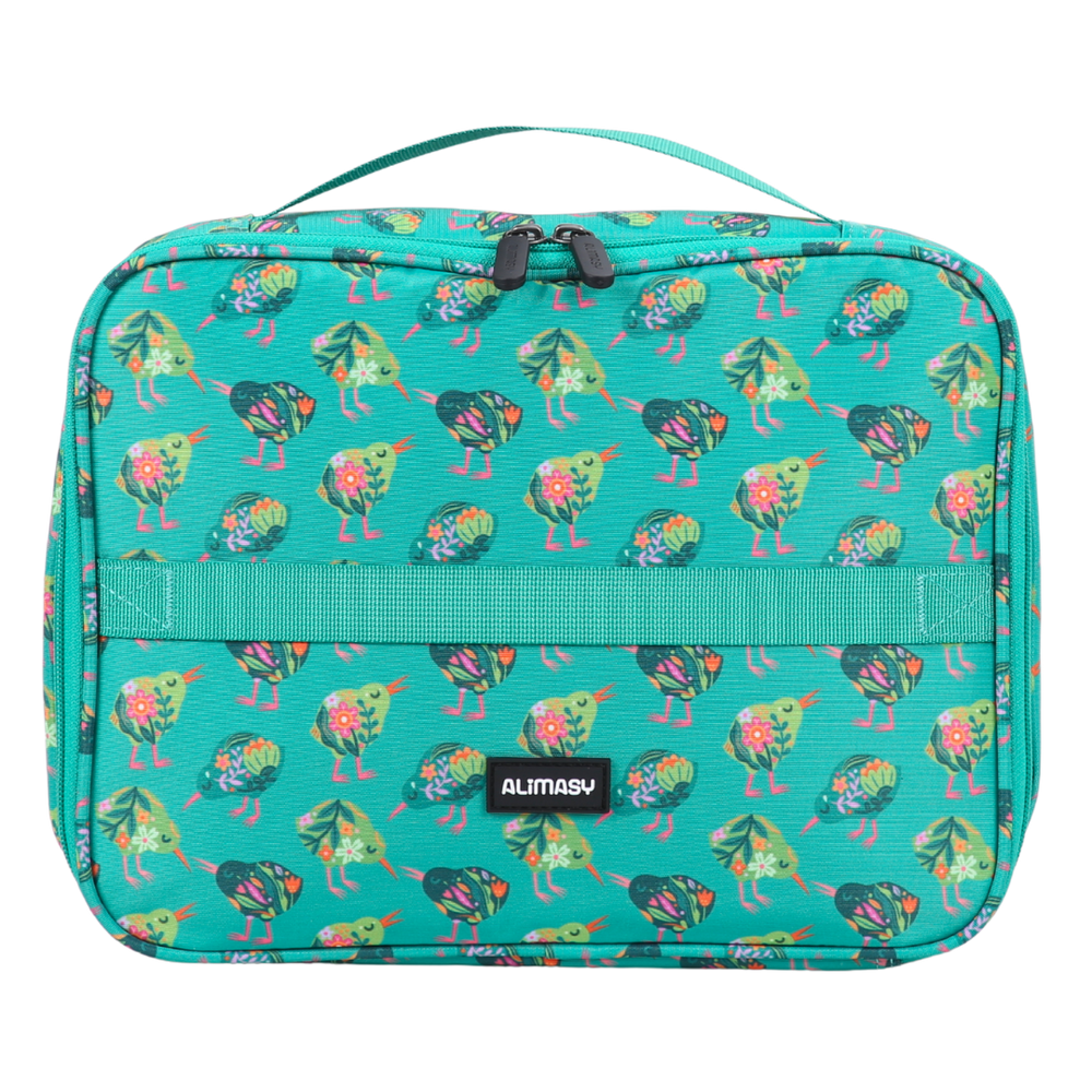 Colorful insulated lunch bag with a pattern of kiwi bird design on a white background