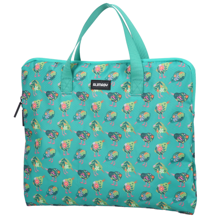 green kiwi bird library book bag zipper closure and green handles