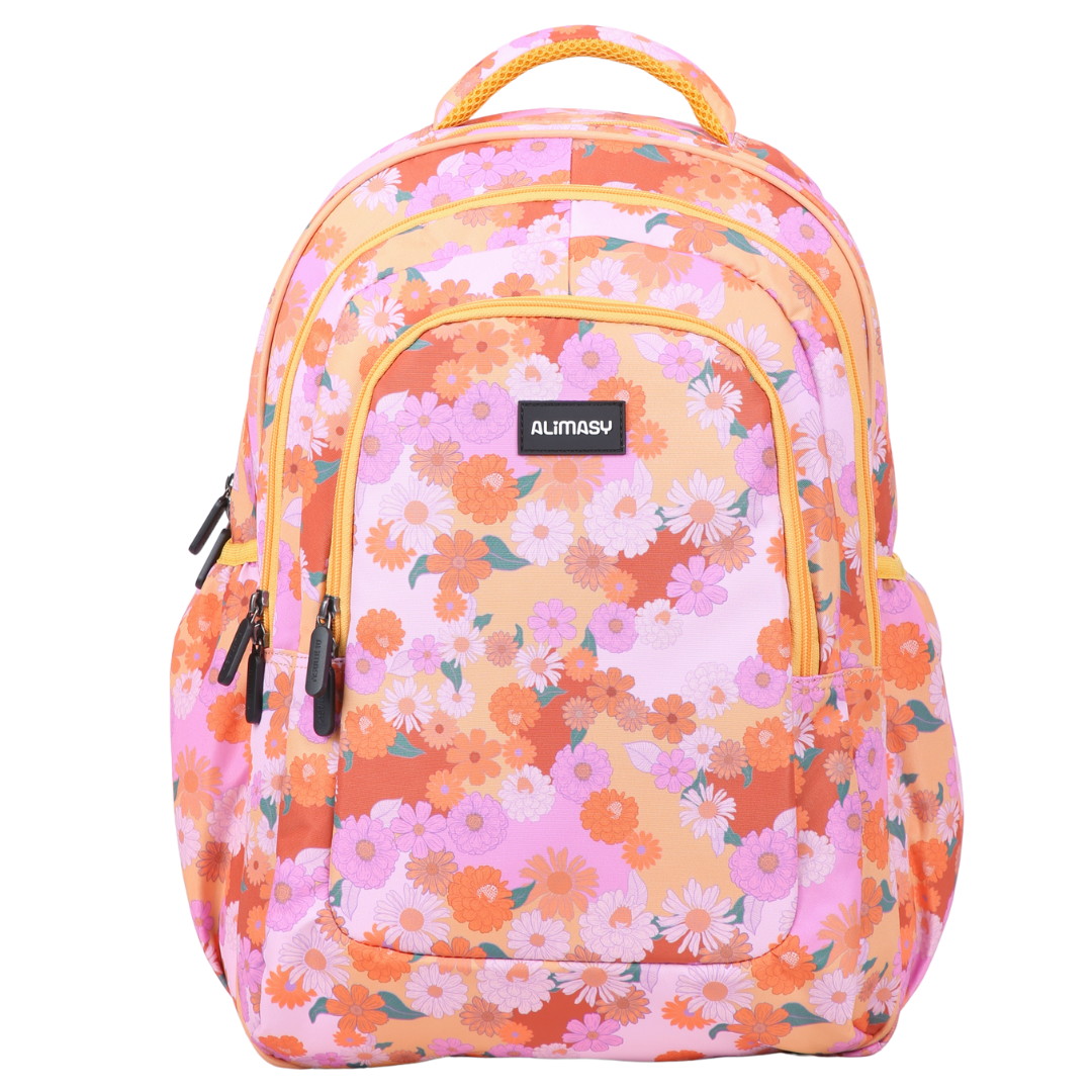 Front view of Mellow Yellow Large School Backpack. Durable kids backpack with spacious compartments