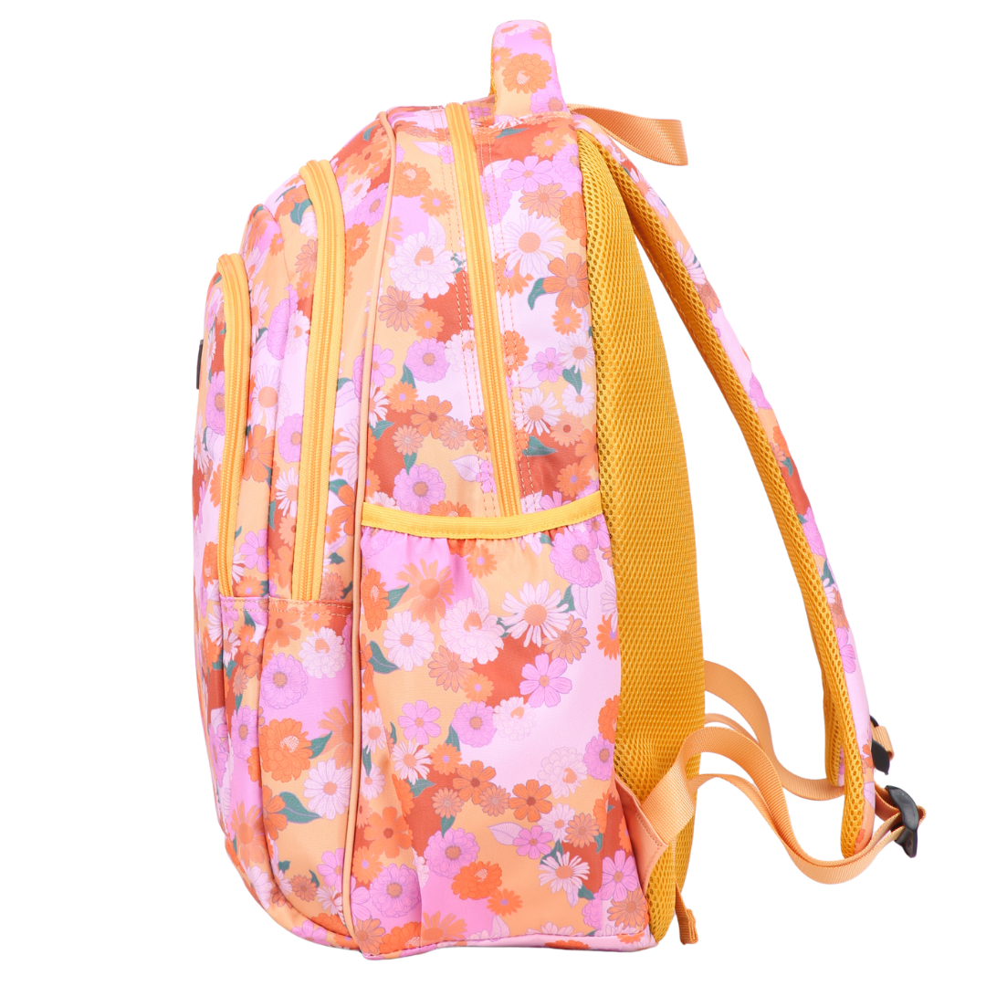 Side view of Mellow Yellow Large School Backpack. Deep side pockets and multiple carry handles