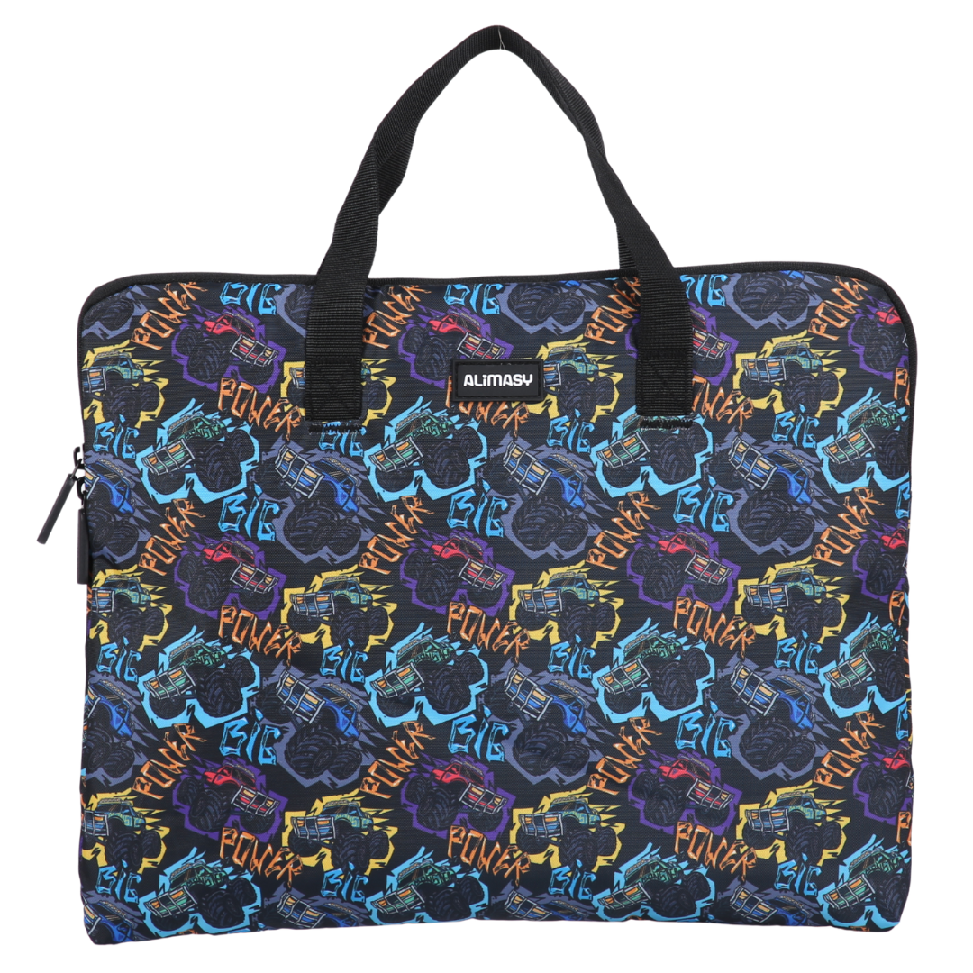 Monster truck patterned library bag for carrying books and homework from school.