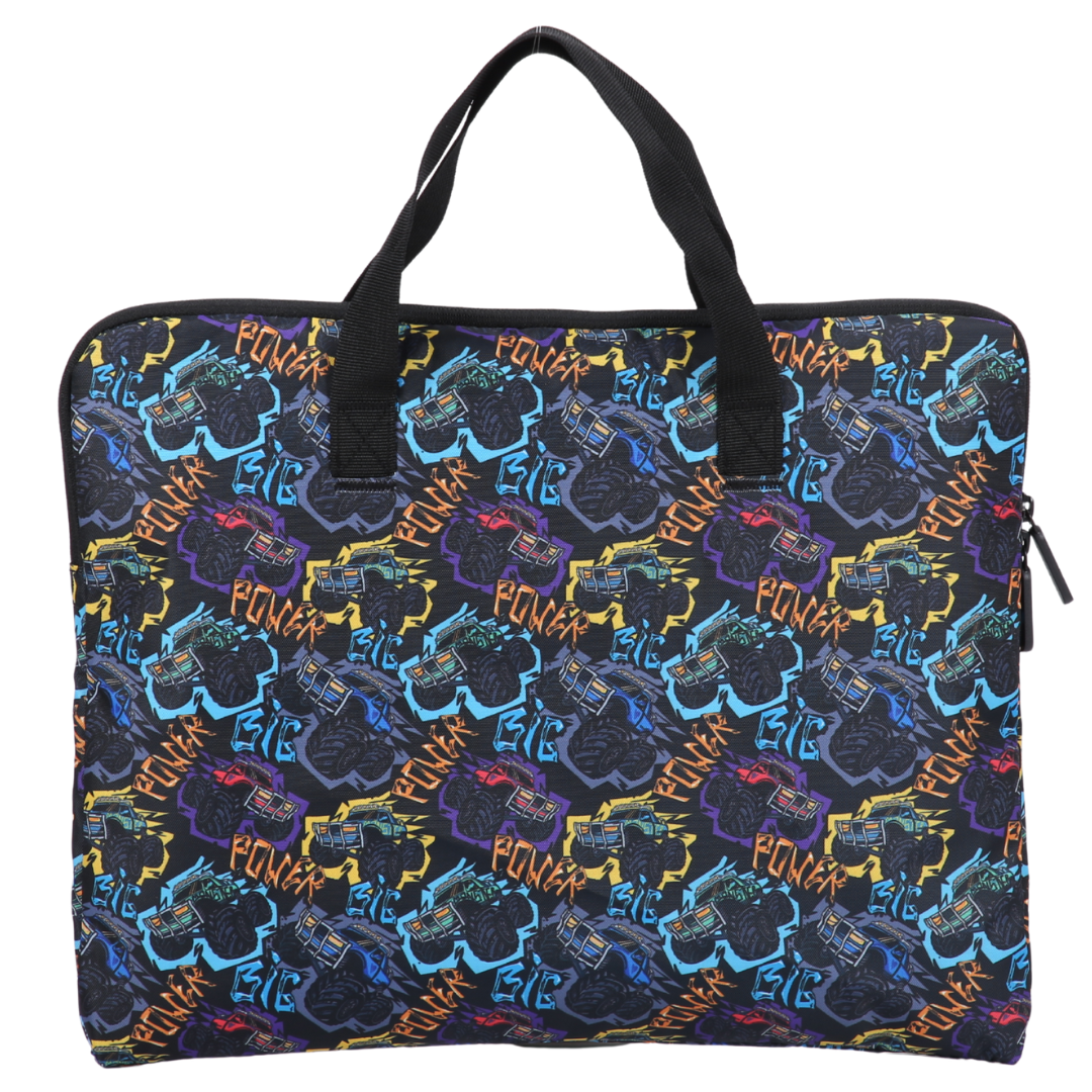 library bag rear view with monster truck print for school