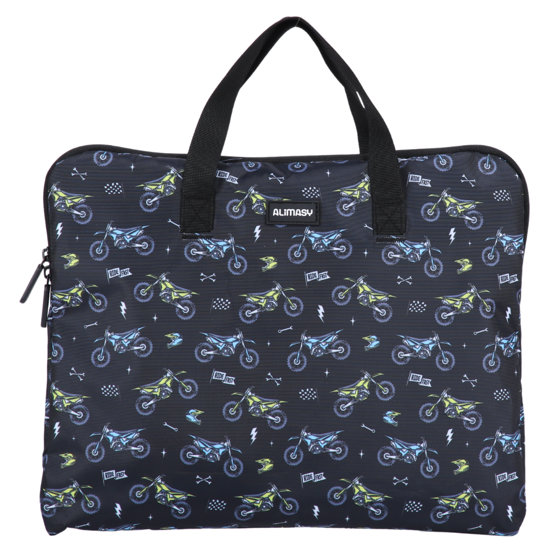 Book Bag with dirt bike pattern on a black background