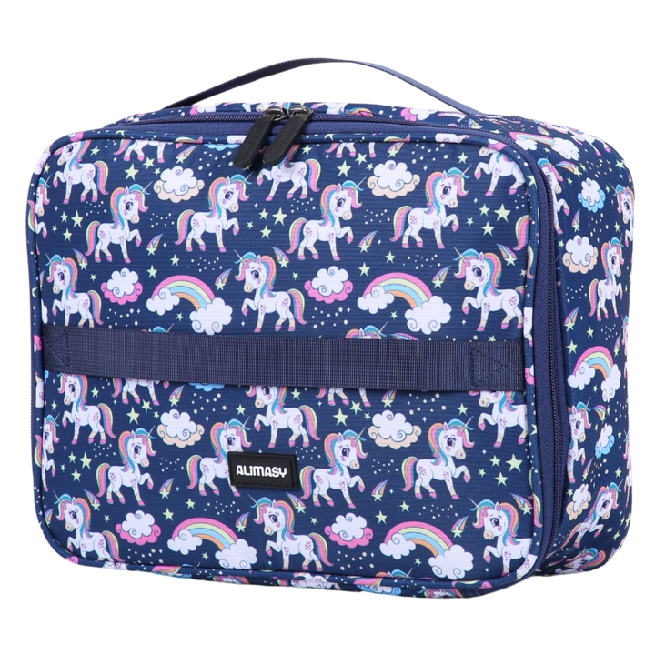 Navy blue lunch bag with unicorn and rainbow pattern on a white background