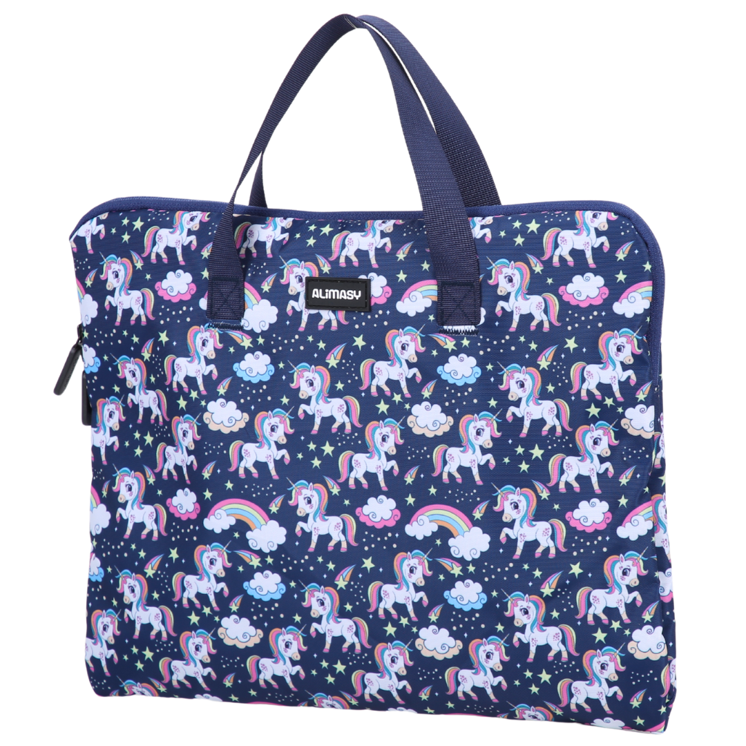 Unicorn and rainbow patterned library bag with a visible Alimasy brand logo on a white background