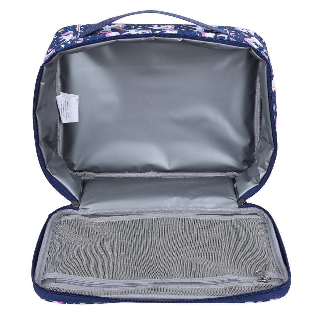 Open floral-patterned lunch bag showing interior compartments on a white background