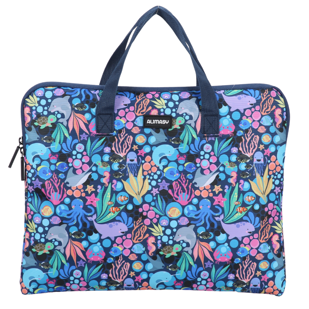 Colourful undersea patterned library book bag with handles on a white background