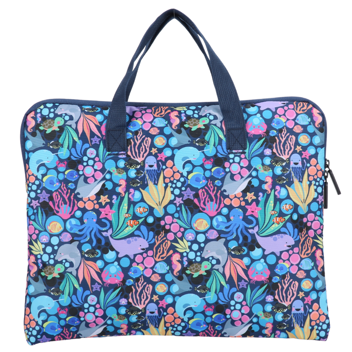 Colorful library book bag with underwater animal pattern on a white background