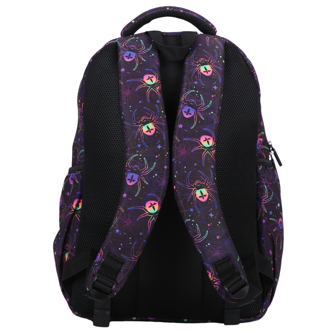 Back view of Spiders Large School Backpack. Padded straps and breathable cushions for comfort