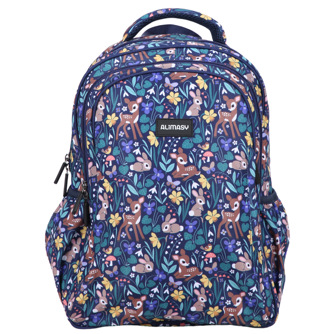 Midsize kids' backpack with a dark blue floral and woodland animal print, featuring multiple compartments and padded straps.