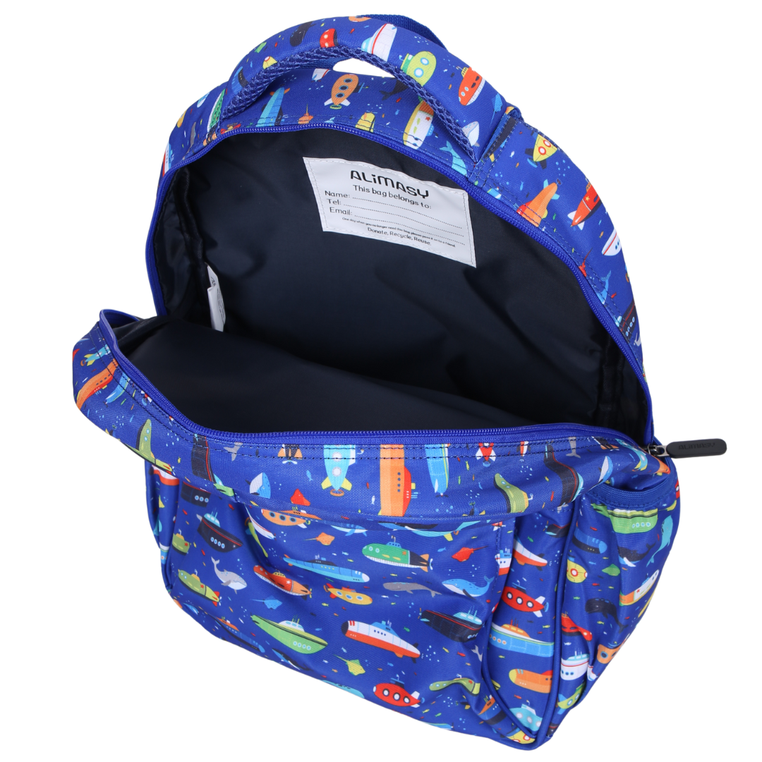 Submarines & Whales Midsize Kids Backpack inside view easy-clean waterproof interior lining, durable kids school bag