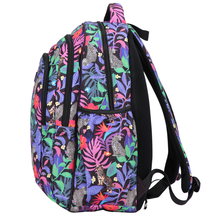 Side view of Tropical Chaos Large School Backpack Deep side pockets and multiple carry handles