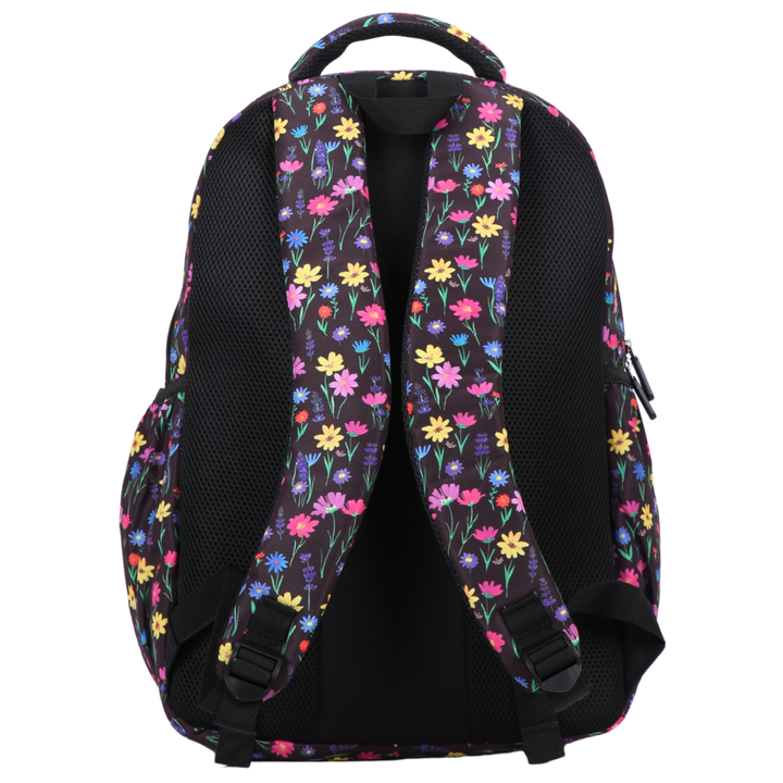 Back view of Wildflower Meadow Large School Backpack. Padded straps and breathable cushions for comfort