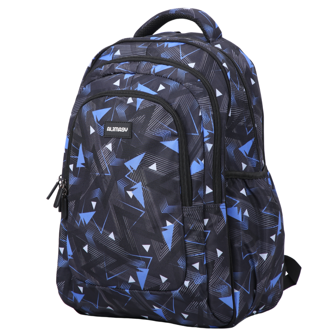 Angled view of Blue Geometric Abstract Large School Backpack Lightweight yet strong with YKK zips