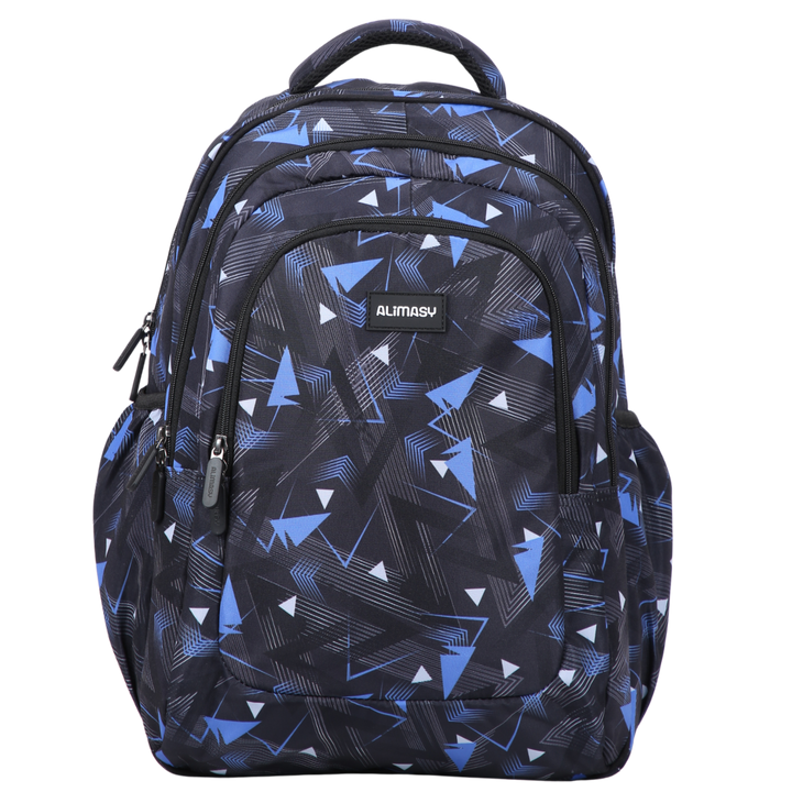 Front view of Blue Geometric Abstract Large School Backpack Durable kids backpack with spacious compartments