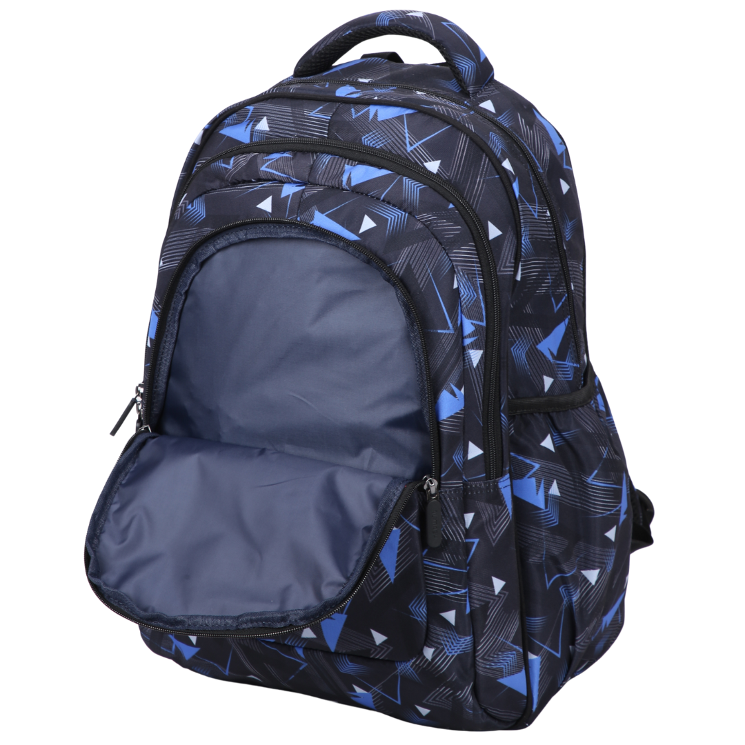 Close-up of inside of the Blue Geometric Abstract Large School Backpack. Easy clean waterproof lining and durable fabric