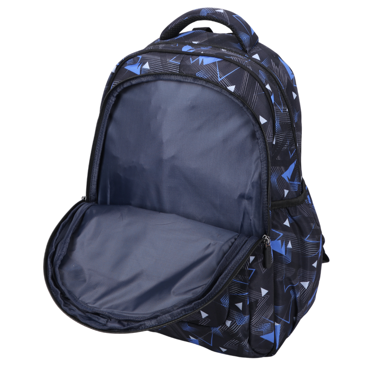 Inside Close-up of Blue Geometric Abstract Large School Backpack. Easy clean waterproof lining and durable fabric